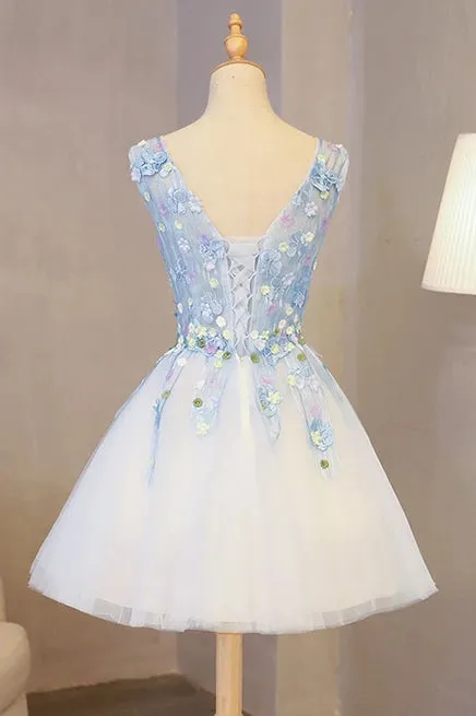 Cute V Neck Lace Applique Short Prom Dress A-line Tulle Homecoming Dress OKY21
