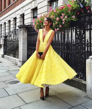 Cute yellow tea Length lace prom dress, lace evening dress
