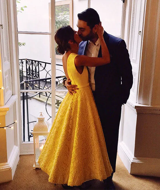 Cute yellow tea Length lace prom dress, lace evening dress