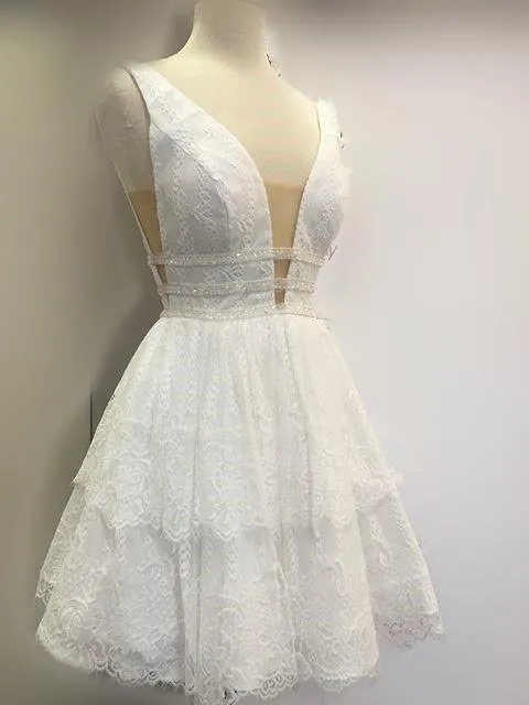 Deep Neck Short Prom Dress White Lace Homecoming Dress PG176