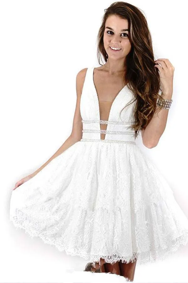 Deep Neck Short Prom Dress White Lace Homecoming Dress PG176