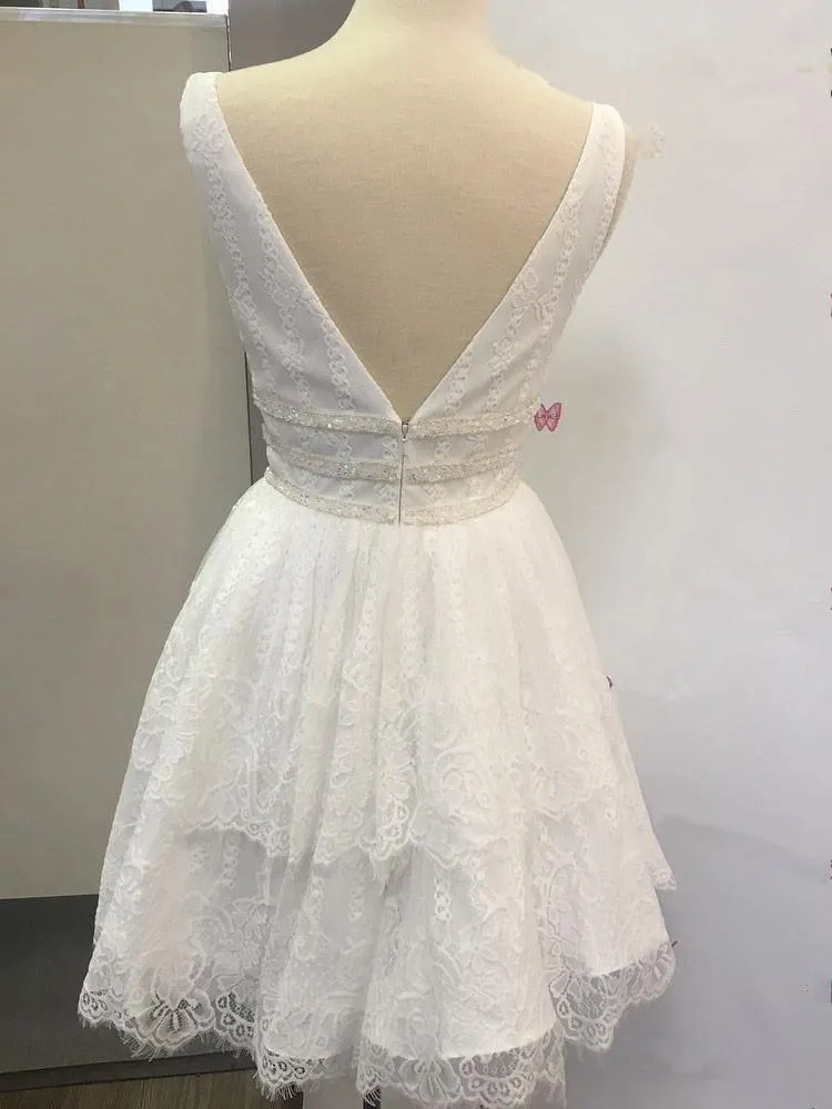 Deep Neck Short Prom Dress White Lace Homecoming Dress PG176