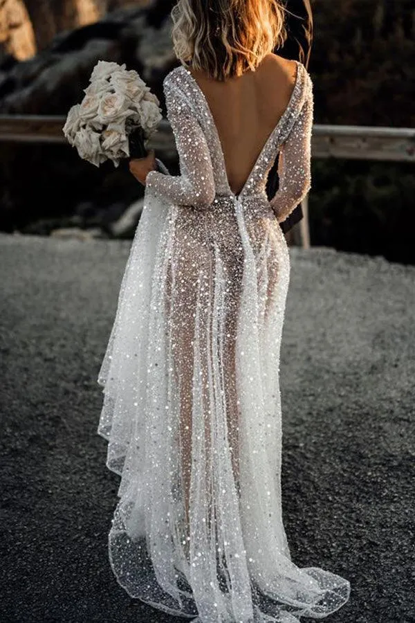 Deep V Neck  A Line See Through Long Sleeves Sparkly Wedding Dresses TN273