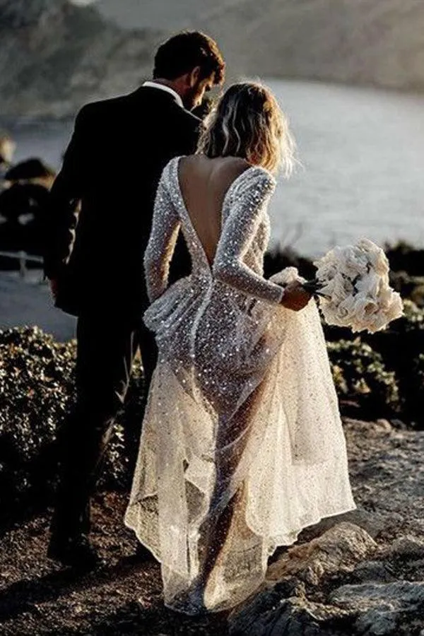 Deep V Neck  A Line See Through Long Sleeves Sparkly Wedding Dresses TN273