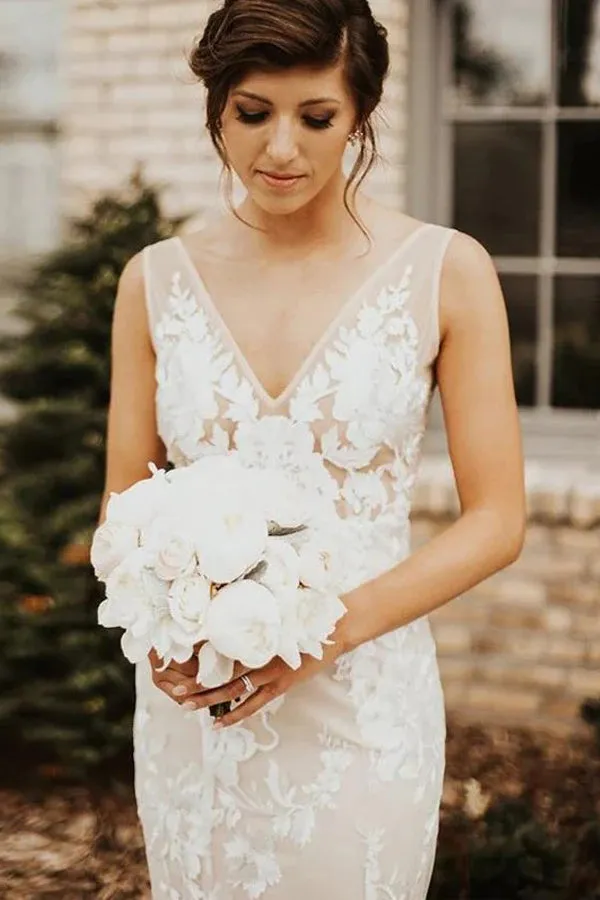Deep V-neck Lace Wedding Dress Mermaid Bridal Gown TD0008