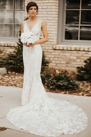 Deep V-neck Lace Wedding Dress Mermaid Bridal Gown TD0008