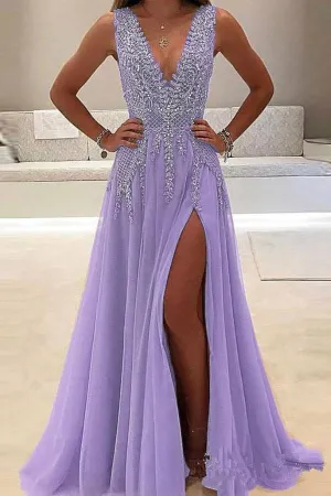 Deep V-Neck Sweep Train Sleeveless Tulle Prom Dress with Beading PG453