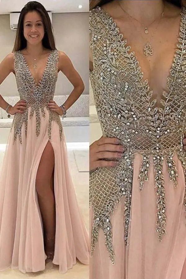 Deep V-Neck Sweep Train Sleeveless Tulle Prom Dress with Beading PG453