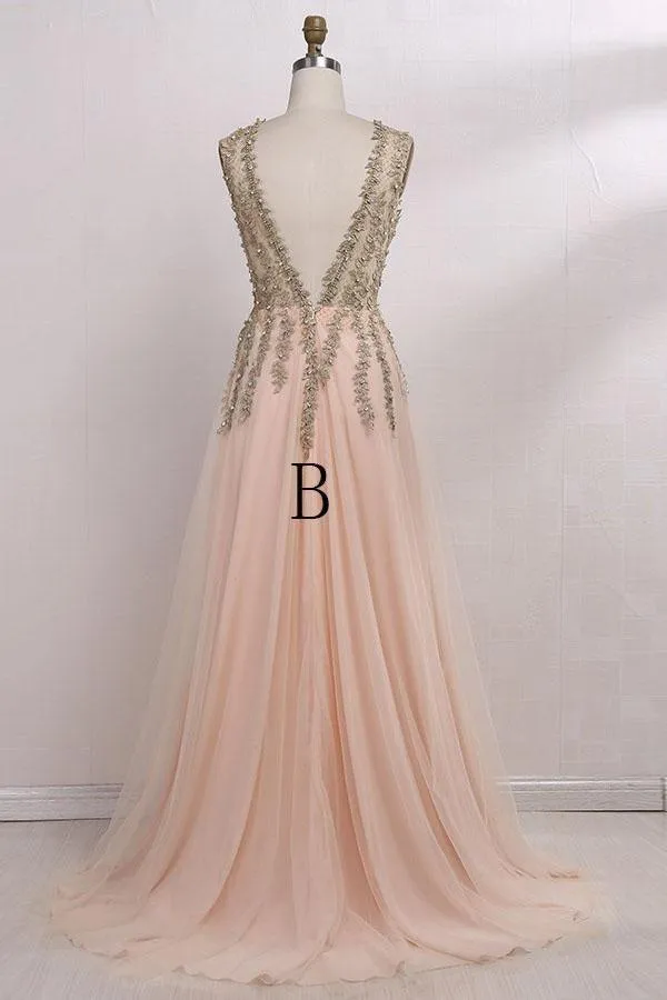 Deep V-Neck Sweep Train Sleeveless Tulle Prom Dress with Beading PG453