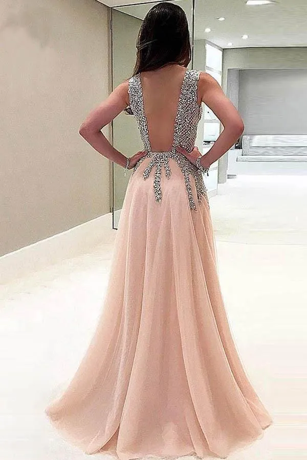 Deep V-Neck Sweep Train Sleeveless Tulle Prom Dress with Beading PG453