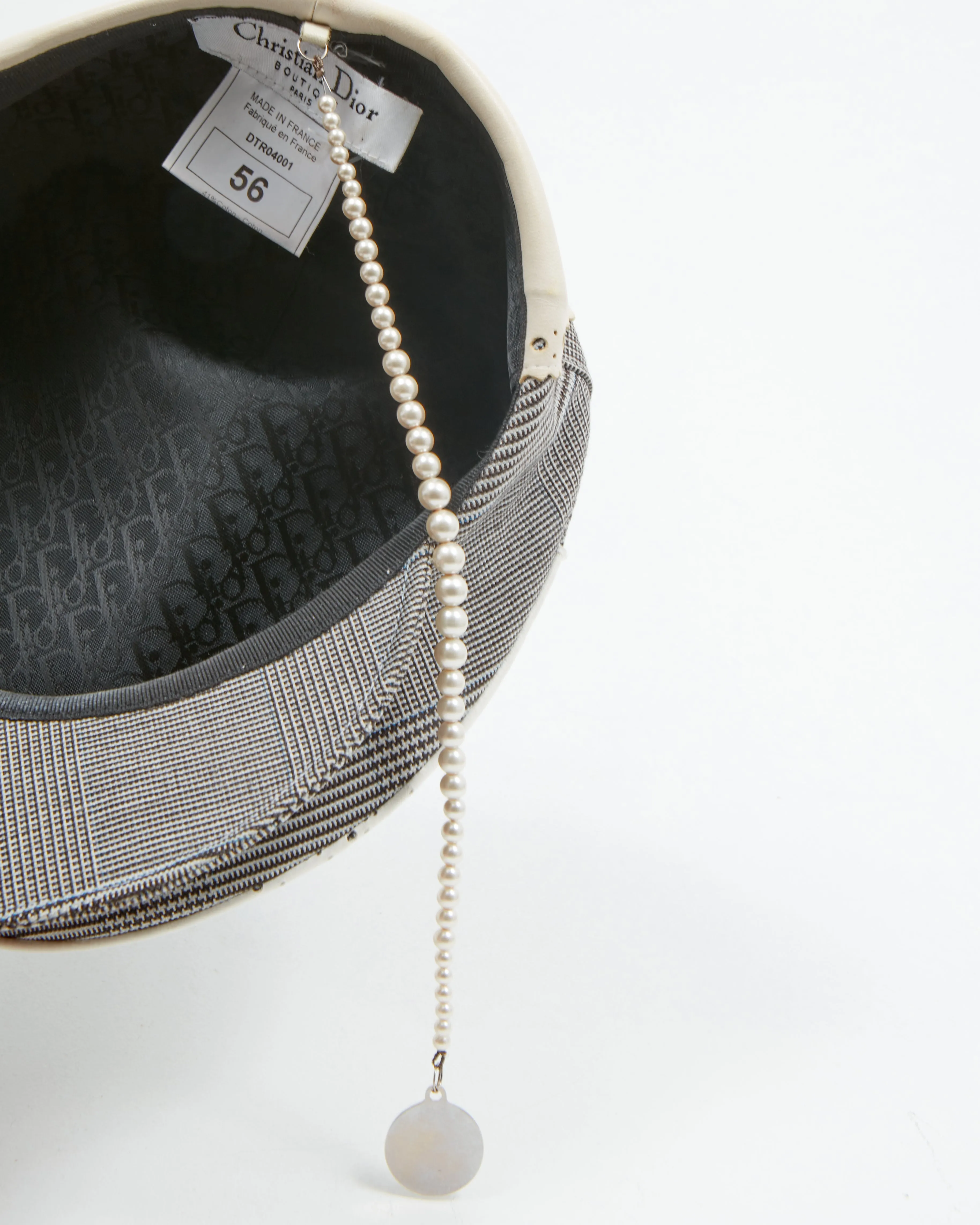 Dior Black/White Brogue Patent Leather & Fabric Faux Pearl D-Trick Beret - 56