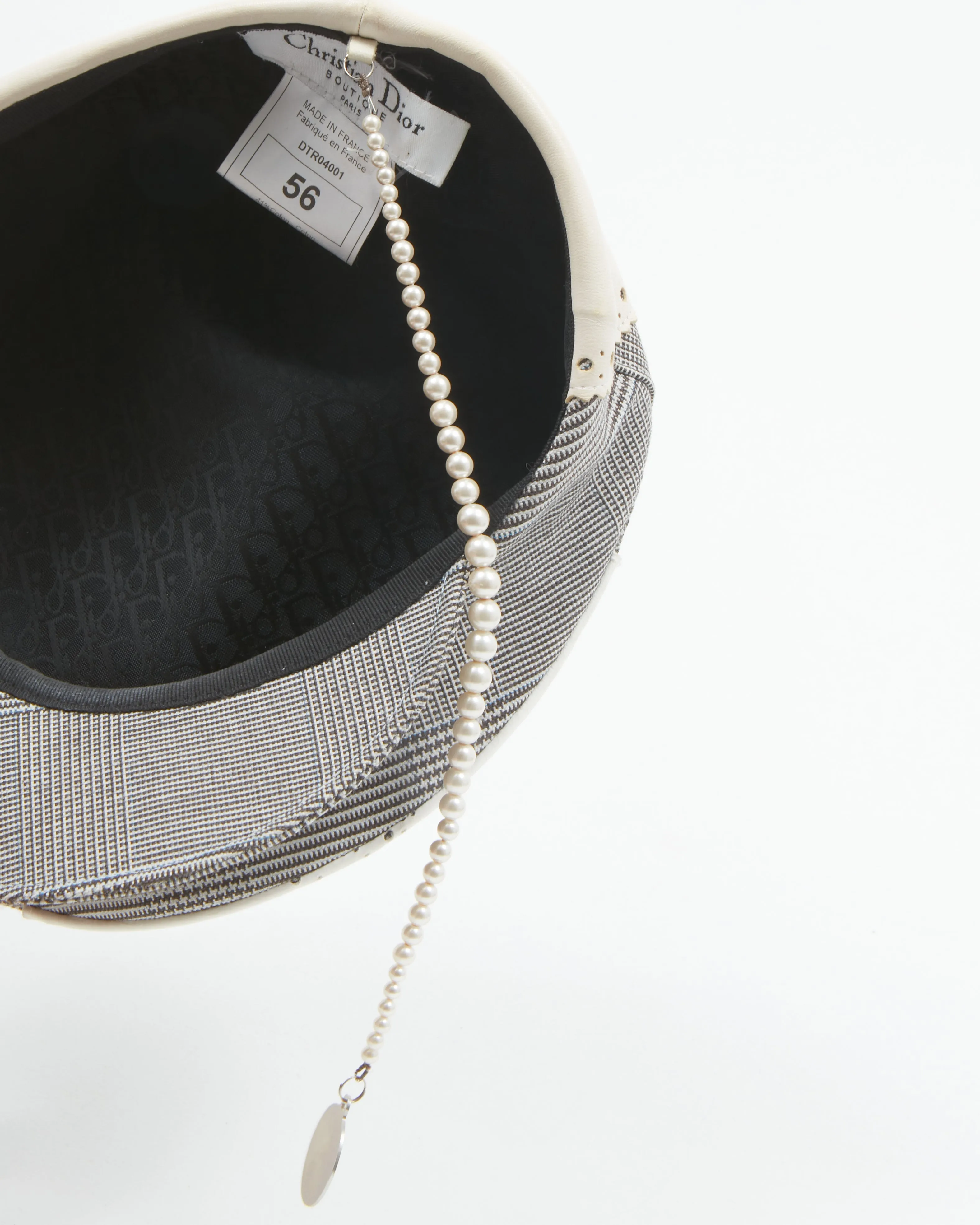 Dior Black/White Brogue Patent Leather & Fabric Faux Pearl D-Trick Beret - 56