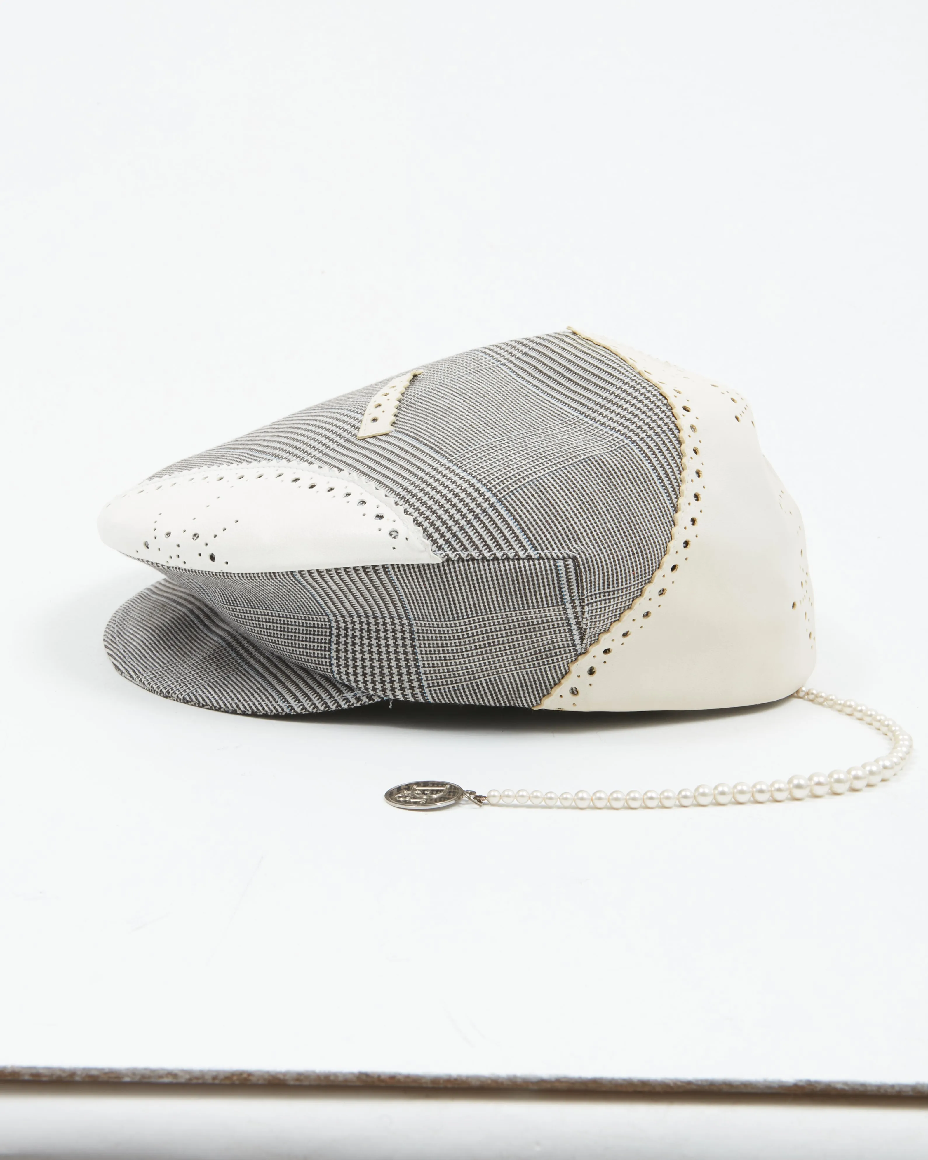 Dior Black/White Brogue Patent Leather & Fabric Faux Pearl D-Trick Beret - 56