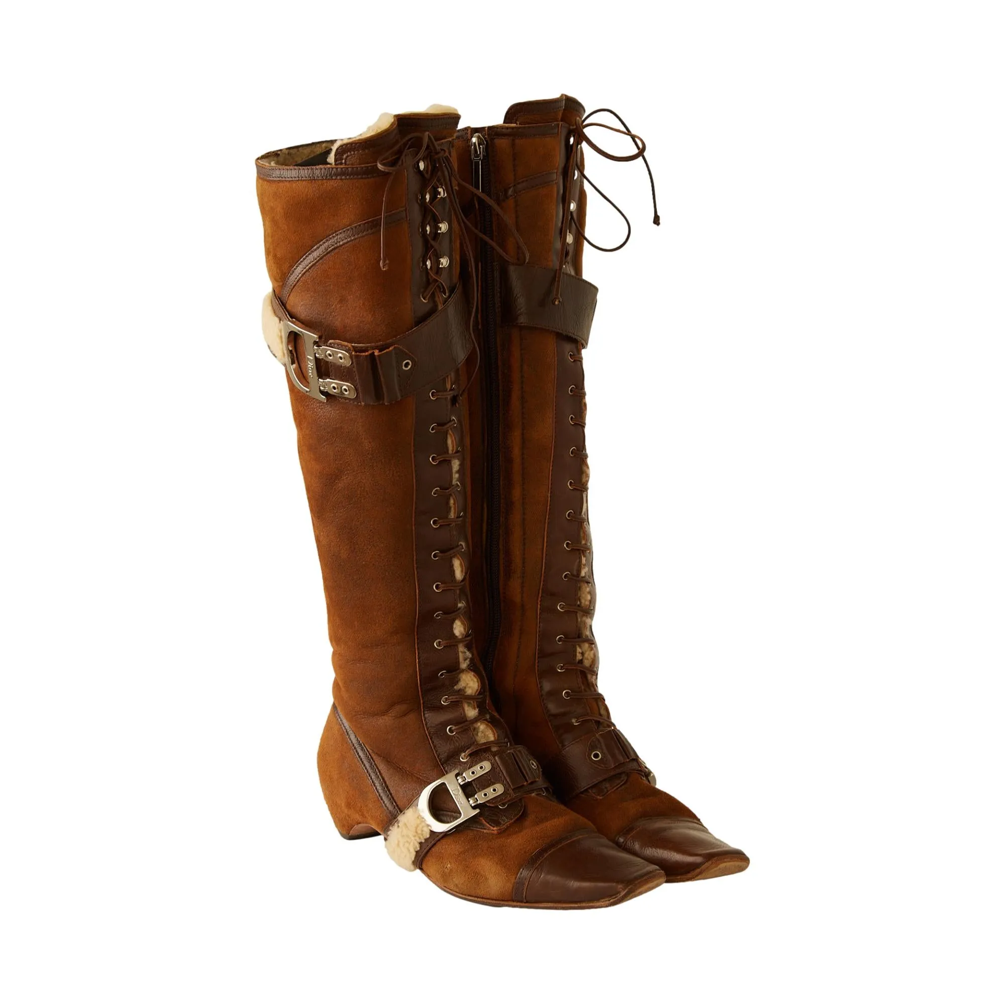 Dior Brown Suede   Sherpa Lace-Up Boots