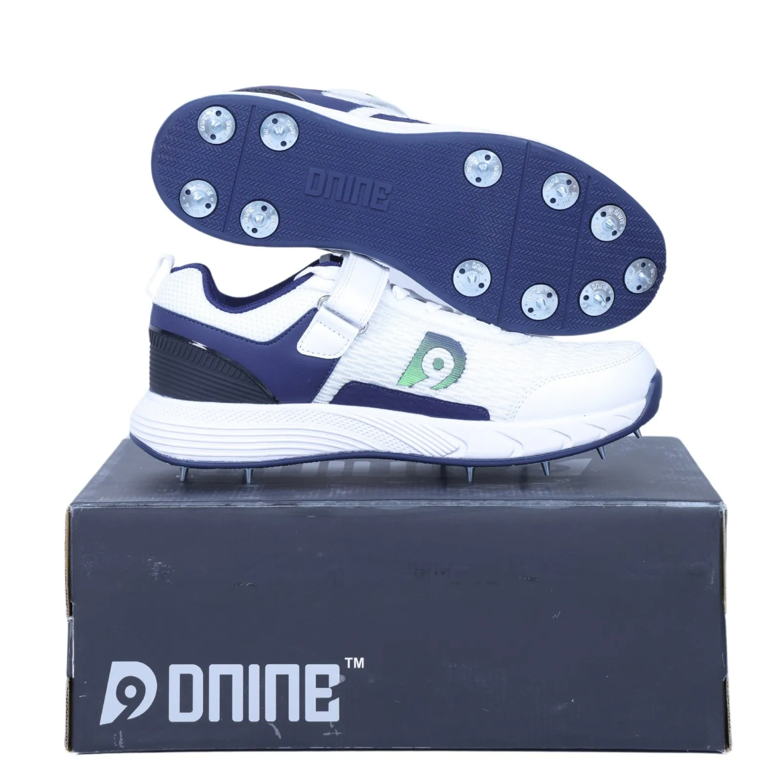 Dnine Warrior 2 Bowling Spikes White/Navy Blue/Green Cricket Shoes Combo