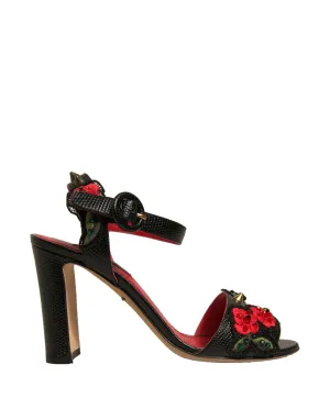 Dolce&Gabbana Women Black Sandals 100% Leather Floral Strappy Heel Shoes EUR 36
