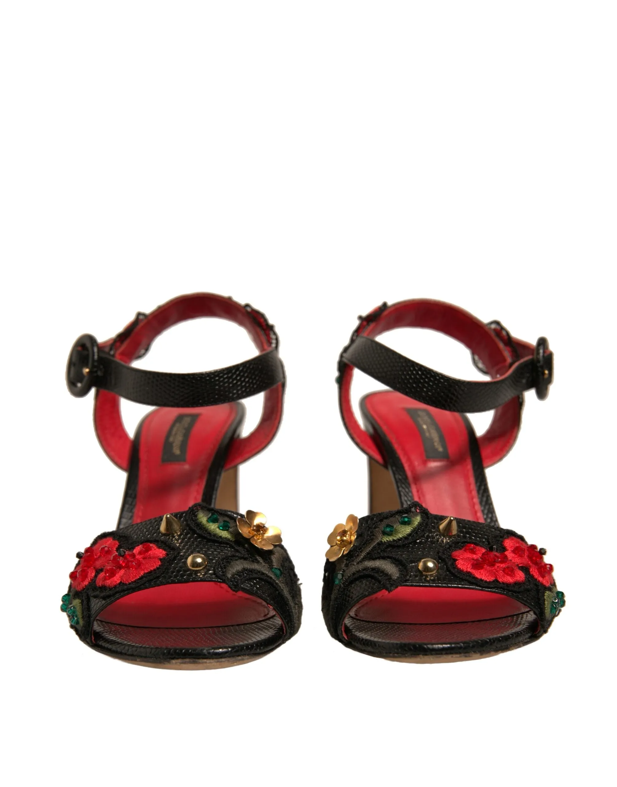 Dolce&Gabbana Women Black Sandals 100% Leather Floral Strappy Heel Shoes EUR 36