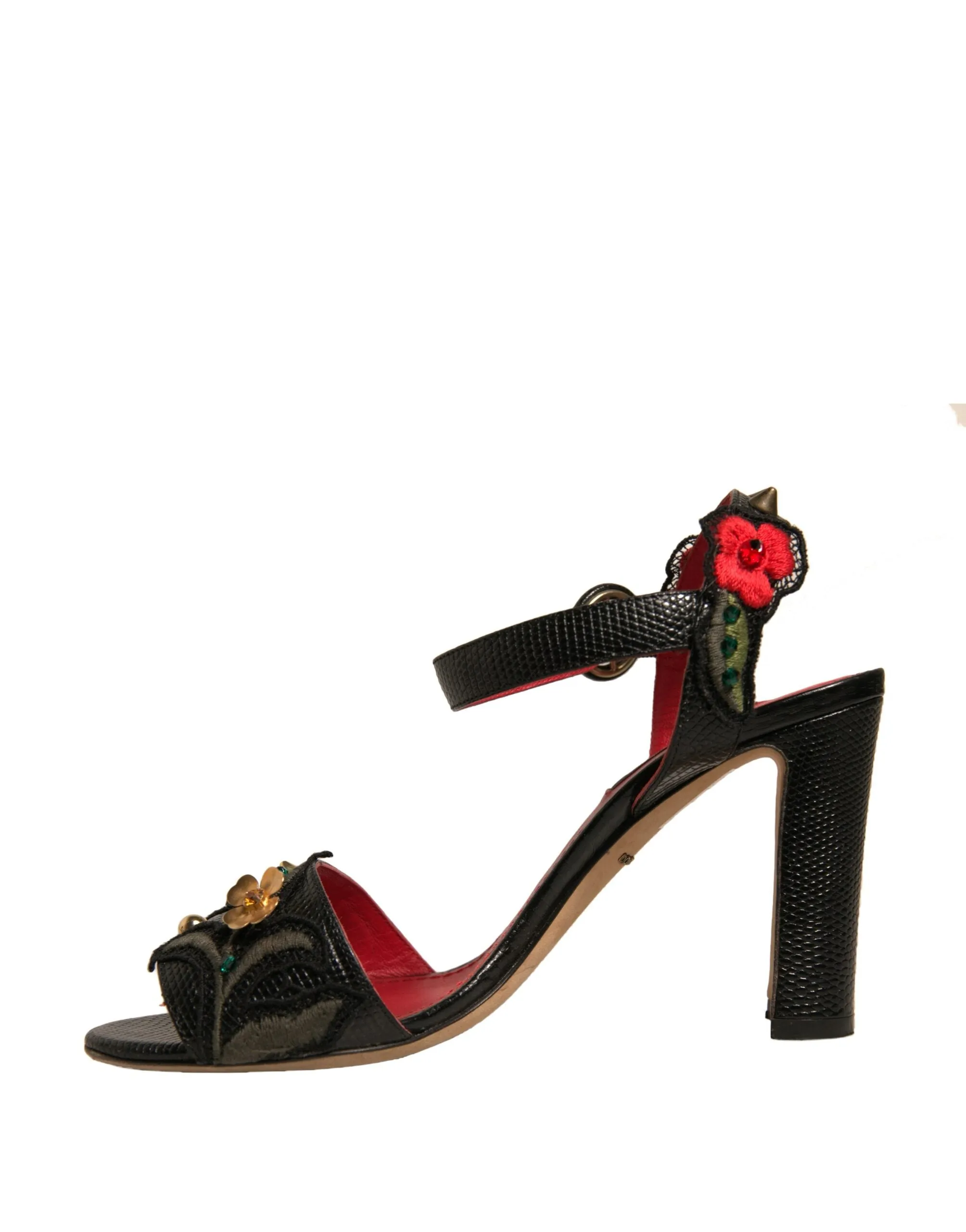 Dolce&Gabbana Women Black Sandals 100% Leather Floral Strappy Heel Shoes EUR 36