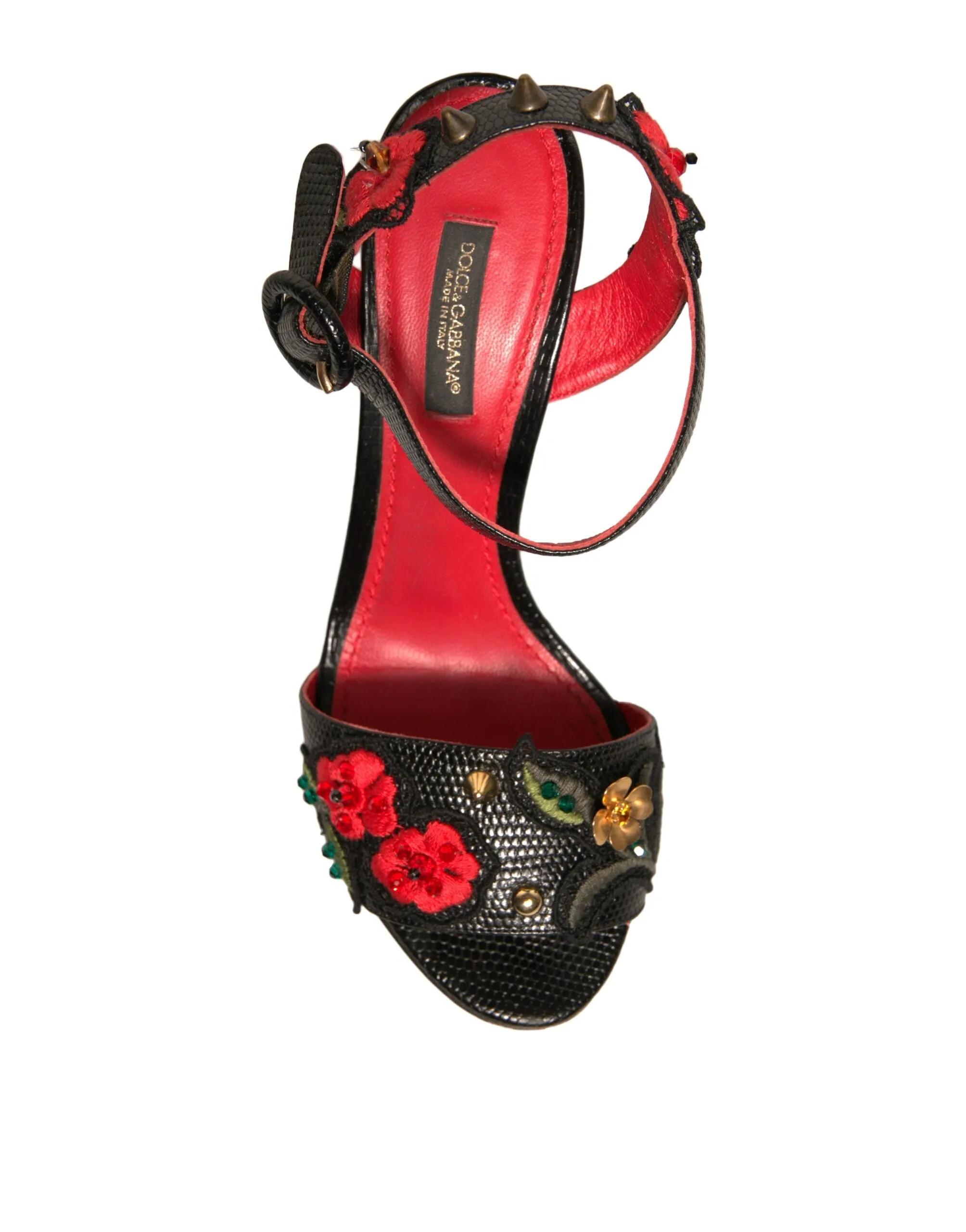 Dolce&Gabbana Women Black Sandals 100% Leather Floral Strappy Heel Shoes EUR 36