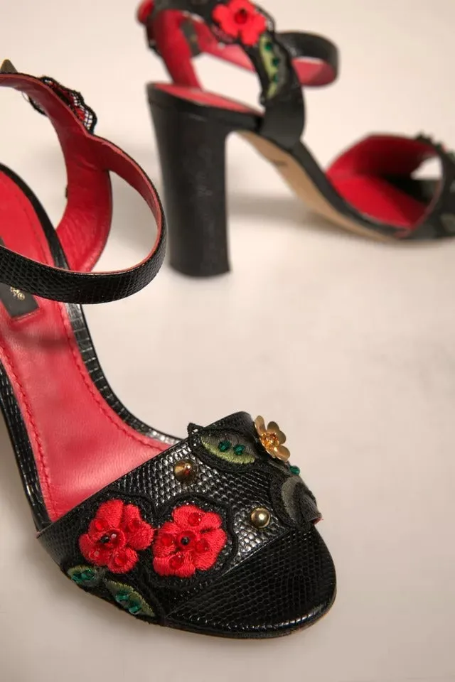 Dolce&Gabbana Women Black Sandals 100% Leather Floral Strappy Heel Shoes EUR 36