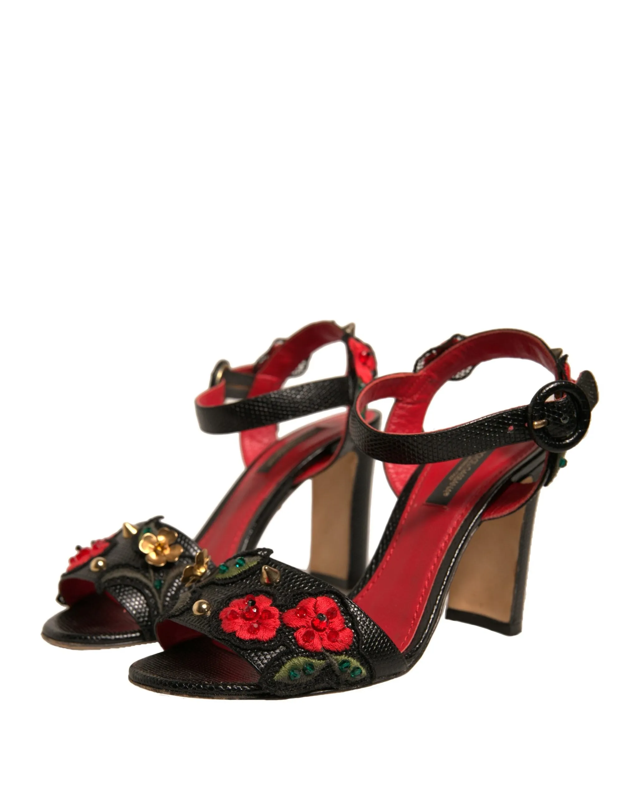 Dolce&Gabbana Women Black Sandals 100% Leather Floral Strappy Heel Shoes EUR 36