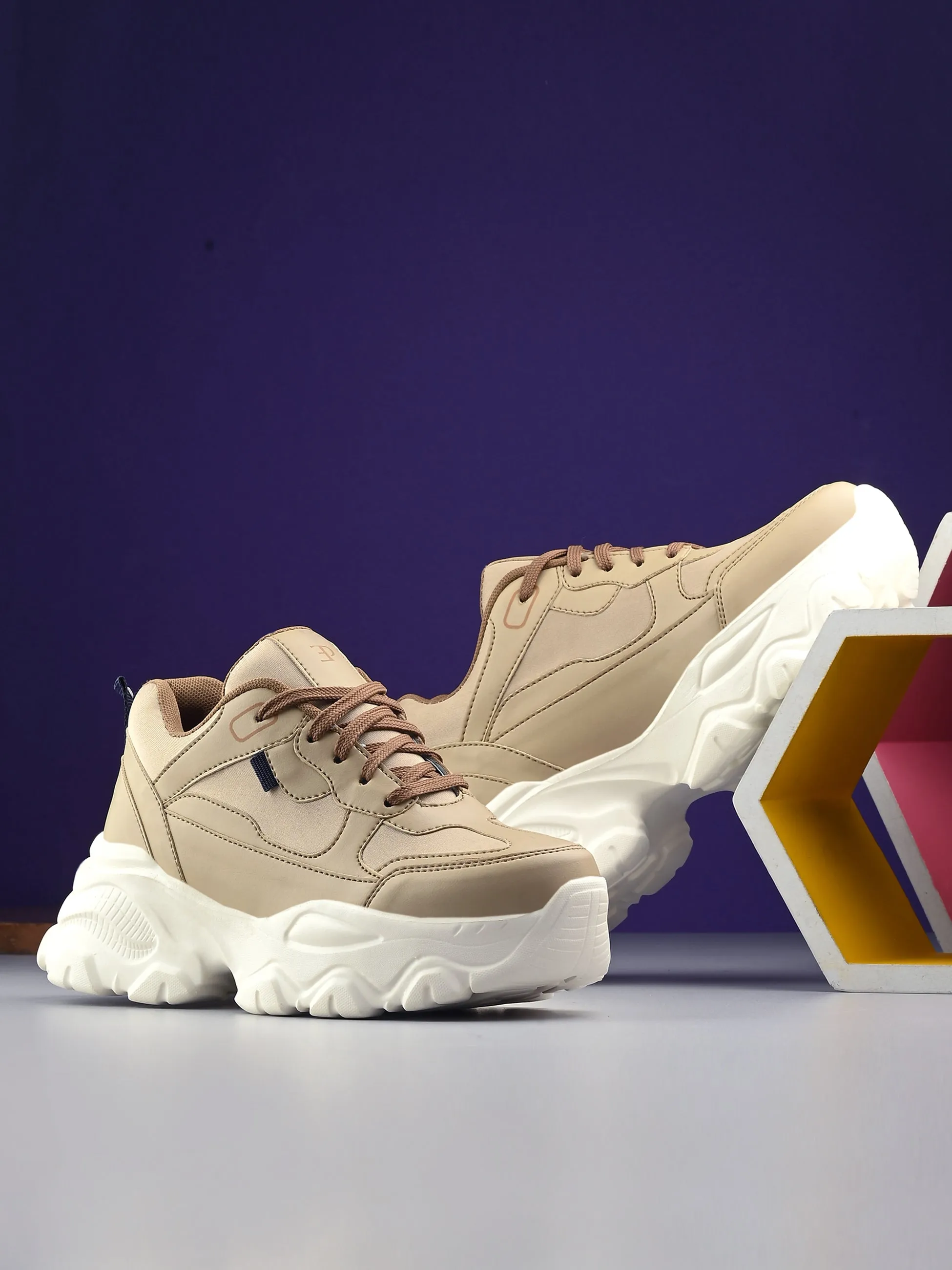 EL PASO Women Beige Faux Leather Casual Lace Up Sneakers