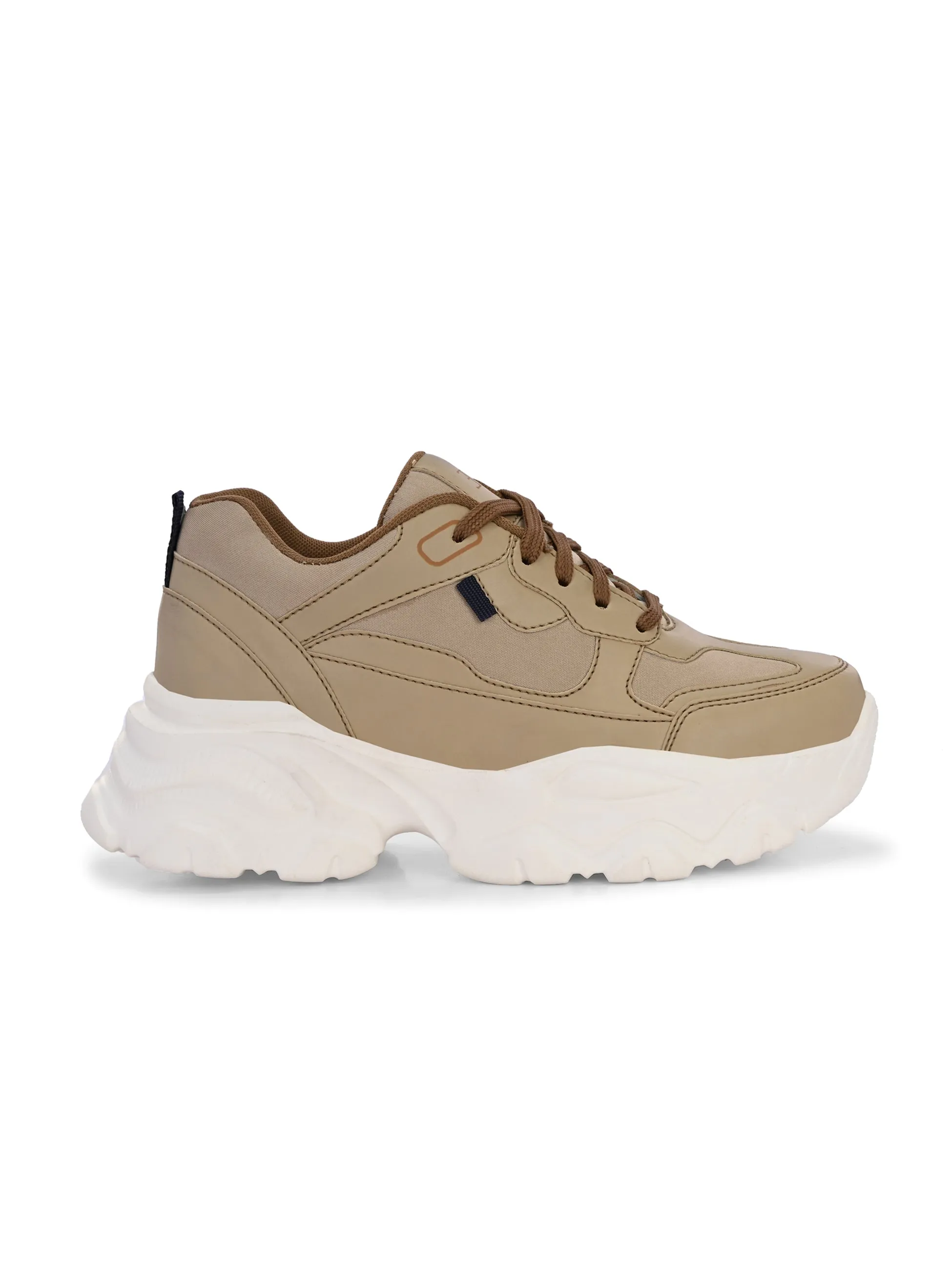 EL PASO Women Beige Faux Leather Casual Lace Up Sneakers
