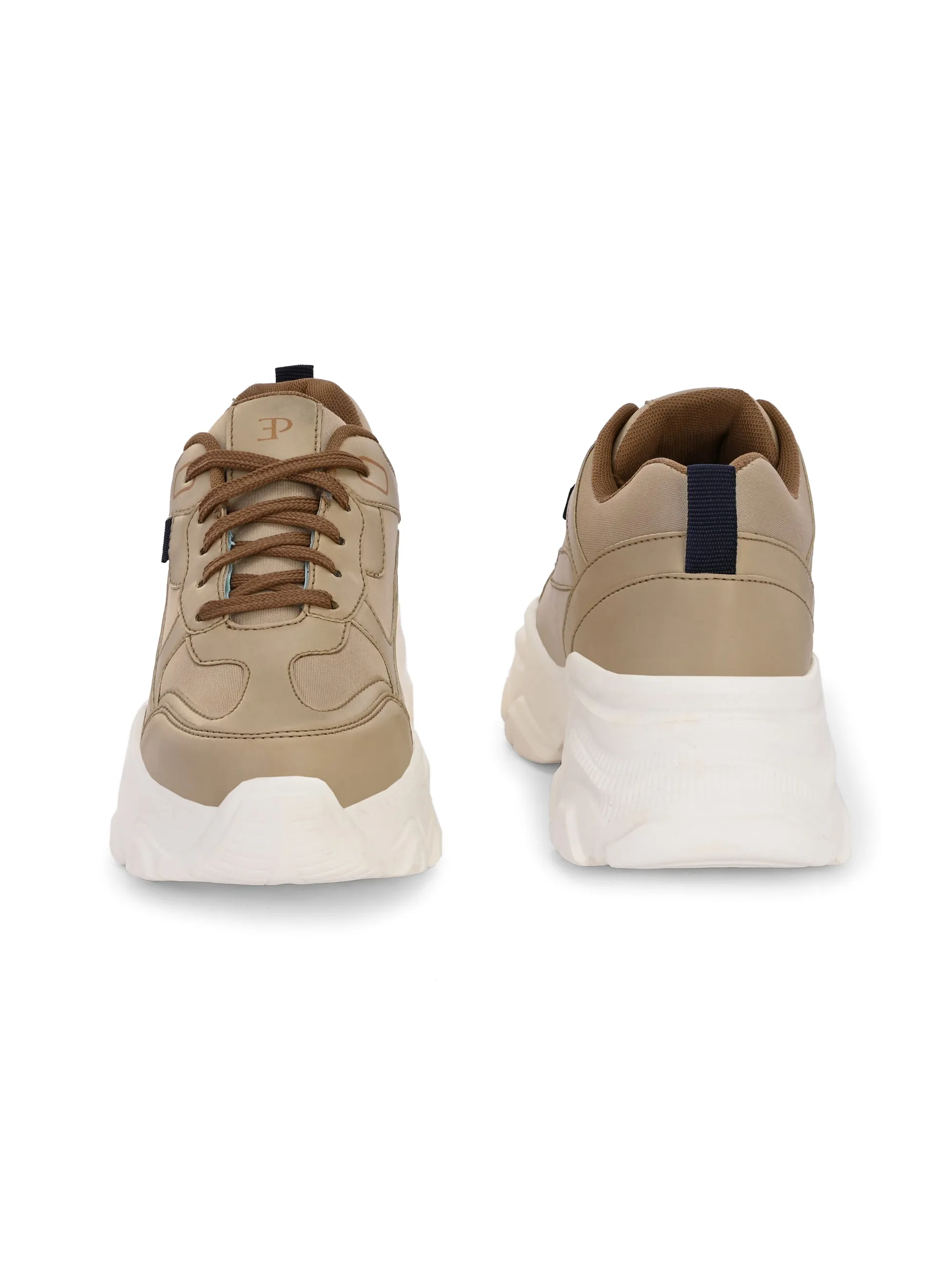 EL PASO Women Beige Faux Leather Casual Lace Up Sneakers