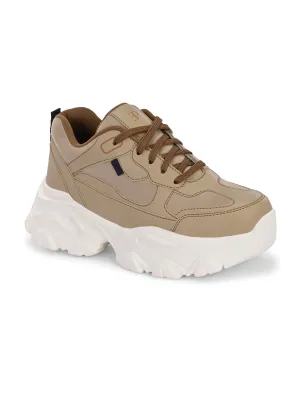 EL PASO Women Beige Faux Leather Casual Lace Up Sneakers