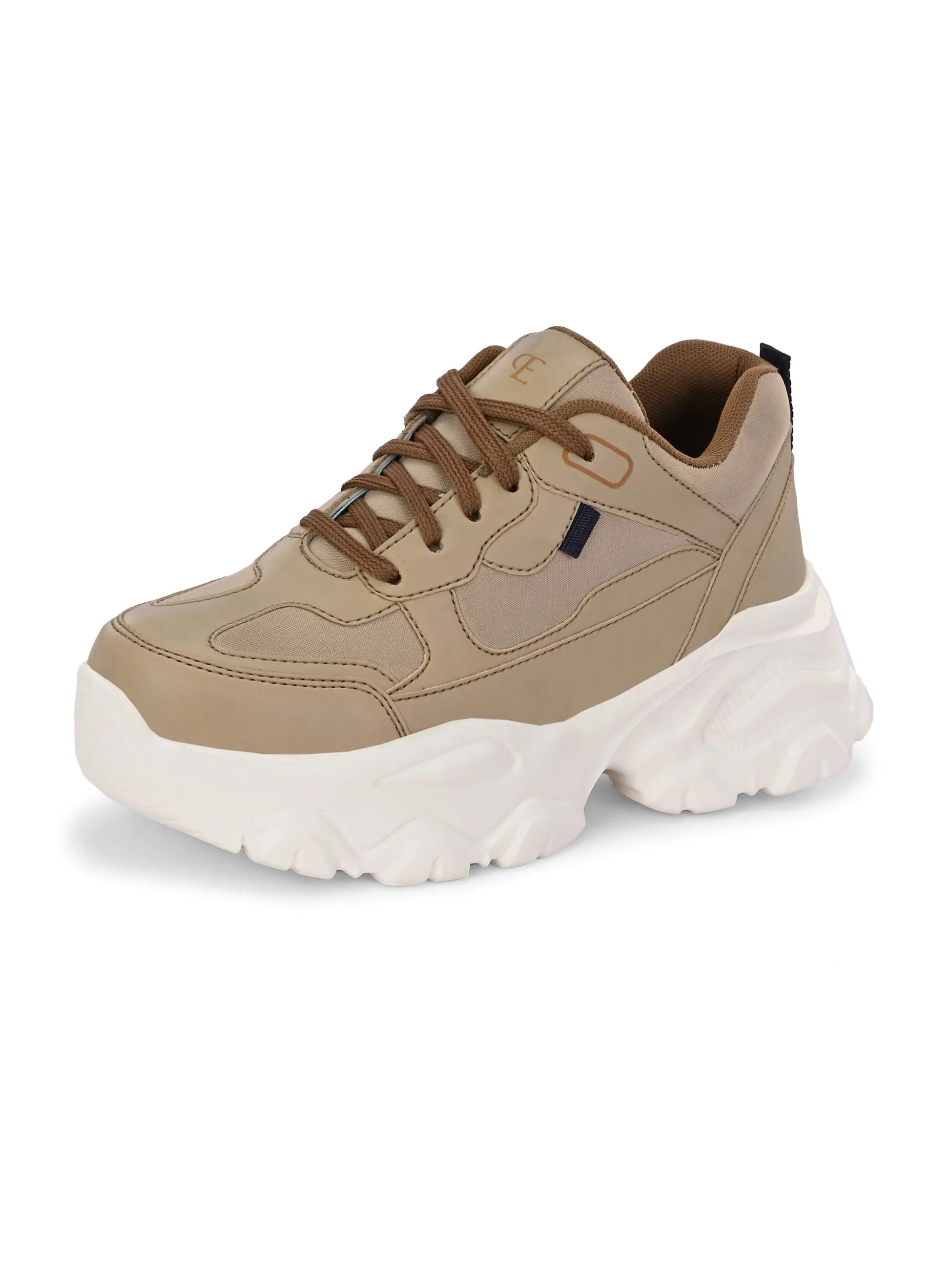 EL PASO Women Beige Faux Leather Casual Lace Up Sneakers
