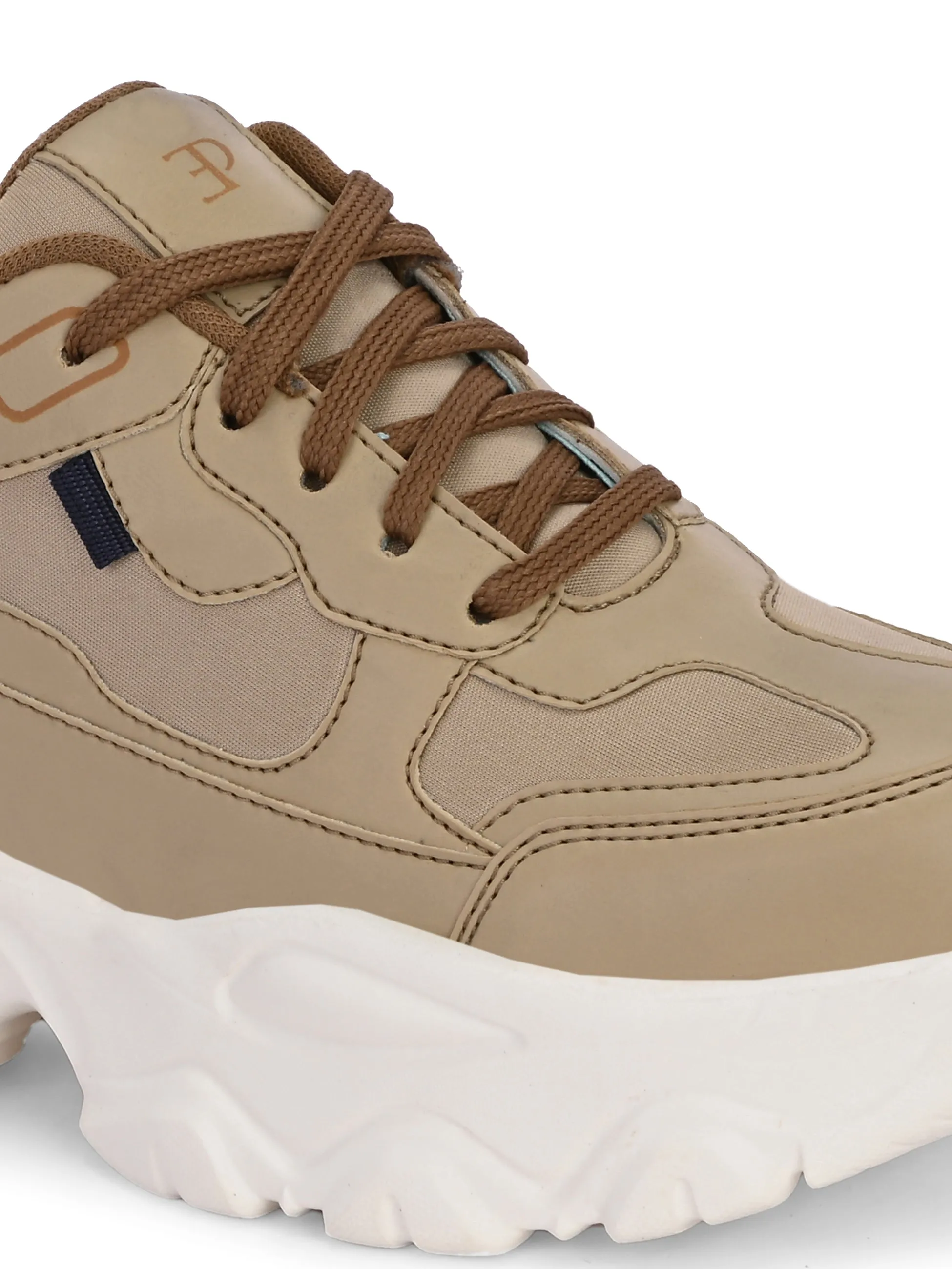 EL PASO Women Beige Faux Leather Casual Lace Up Sneakers