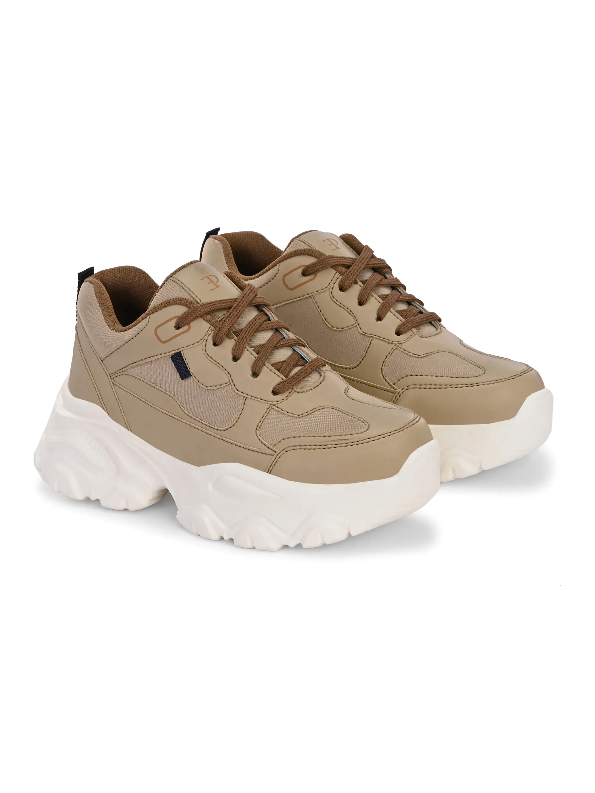 EL PASO Women Beige Faux Leather Casual Lace Up Sneakers