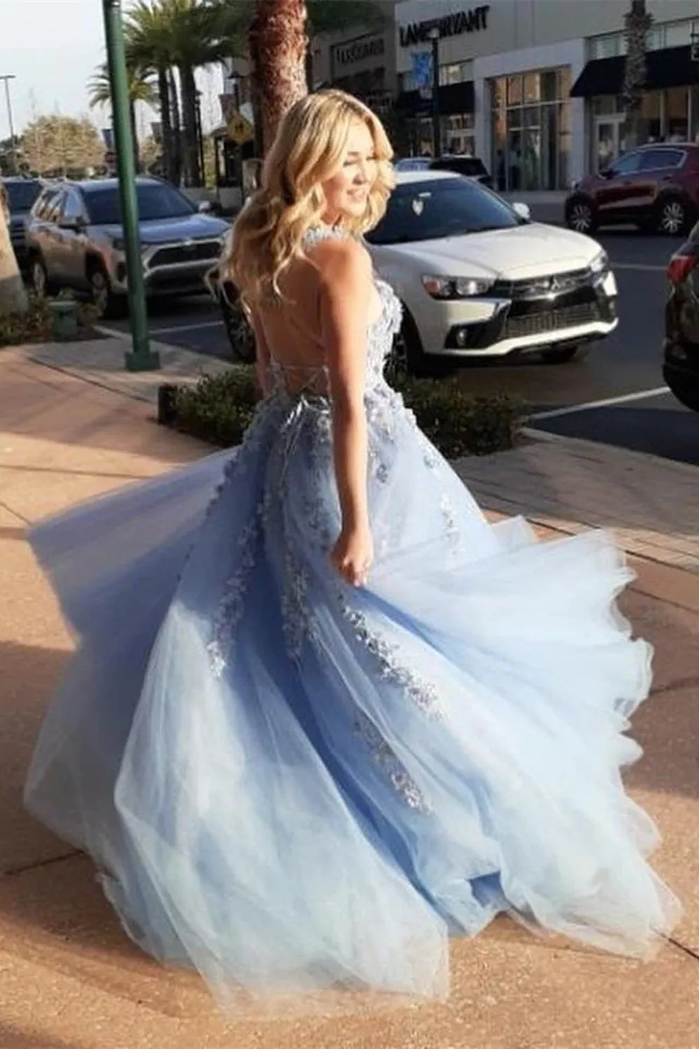 Elegant Backless Light Blue Lace Floral Long Prom Dress 3D Flowers Formal Evening Dress OK1401