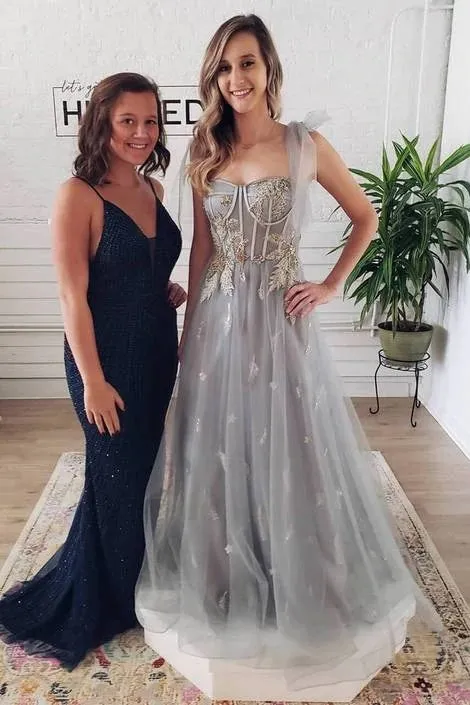 Elegant Lace-Up Back A-line Tulle Sweetheart Long Grey Prom Dress OK1319