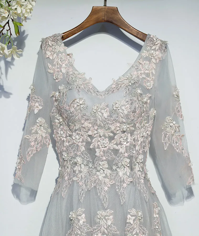 Elegant Long Sleeves Tulle Applique Light Grey Cheap Long Prom Dresses, BGP023