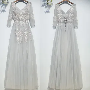 Elegant Long Sleeves Tulle Applique Light Grey Cheap Long Prom Dresses, BGP023