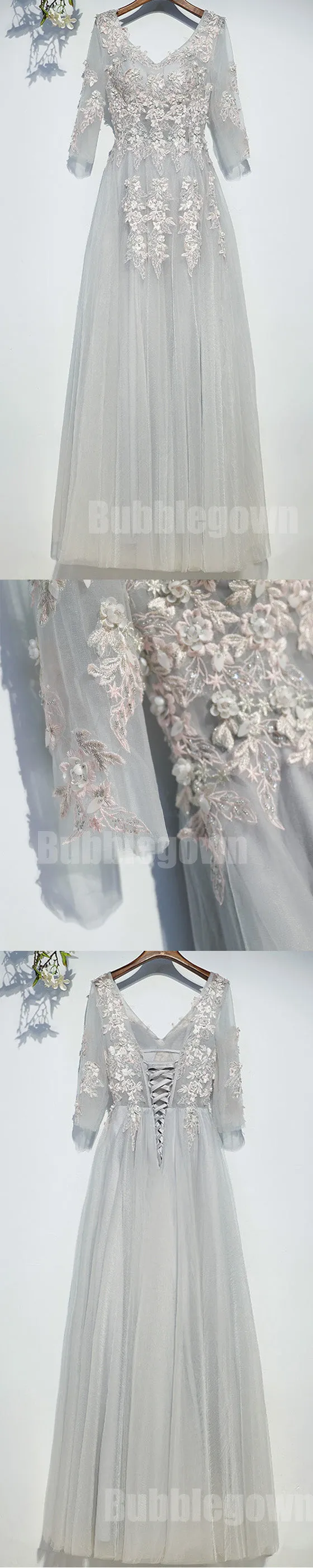 Elegant Long Sleeves Tulle Applique Light Grey Cheap Long Prom Dresses, BGP023