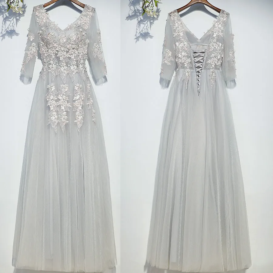 Elegant Long Sleeves Tulle Applique Light Grey Cheap Long Prom Dresses, BGP023