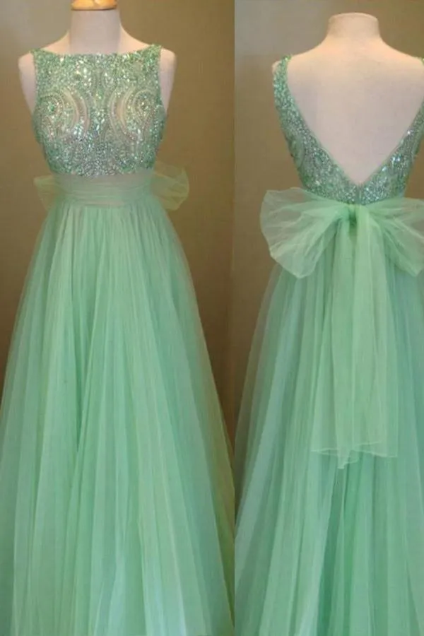 Elegant Scoop Beading A-line Tulle Green Floor-length Prom Dresses PG404