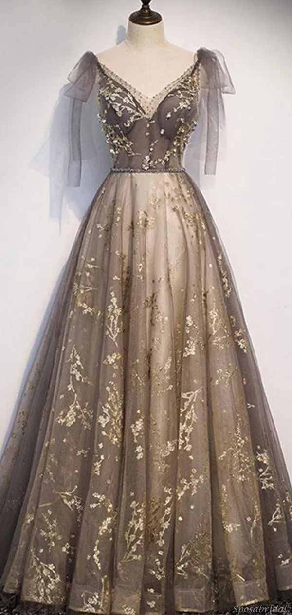 Elegant V-neck Organza Grey Lace A-line Spaghetti Straps Lace-up Back Long Prom Dress, PD3239
