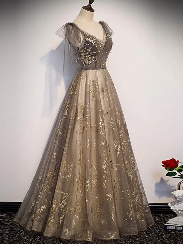 Elegant V-neck Organza Grey Lace A-line Spaghetti Straps Lace-up Back Long Prom Dress, PD3239