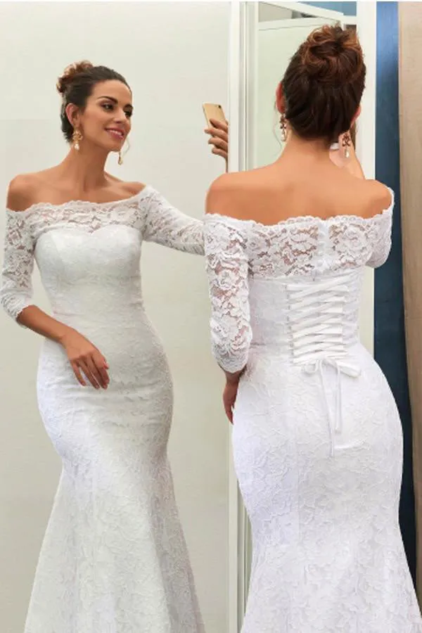 Elegant White Off-The-Shoulder 3/4-Length Sleeves Lace Mermaid Wedding Dresses OK556