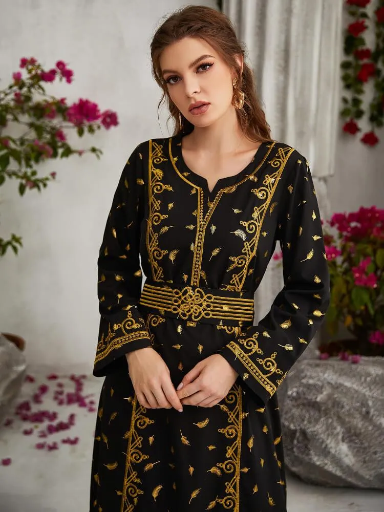 Embroidery Lace Up Gilt Printing Long Sleeved Dress