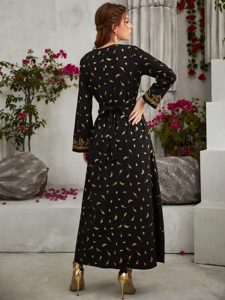 Embroidery Lace Up Gilt Printing Long Sleeved Dress