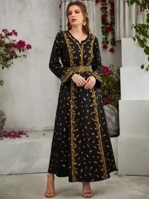 Embroidery Lace Up Gilt Printing Long Sleeved Dress