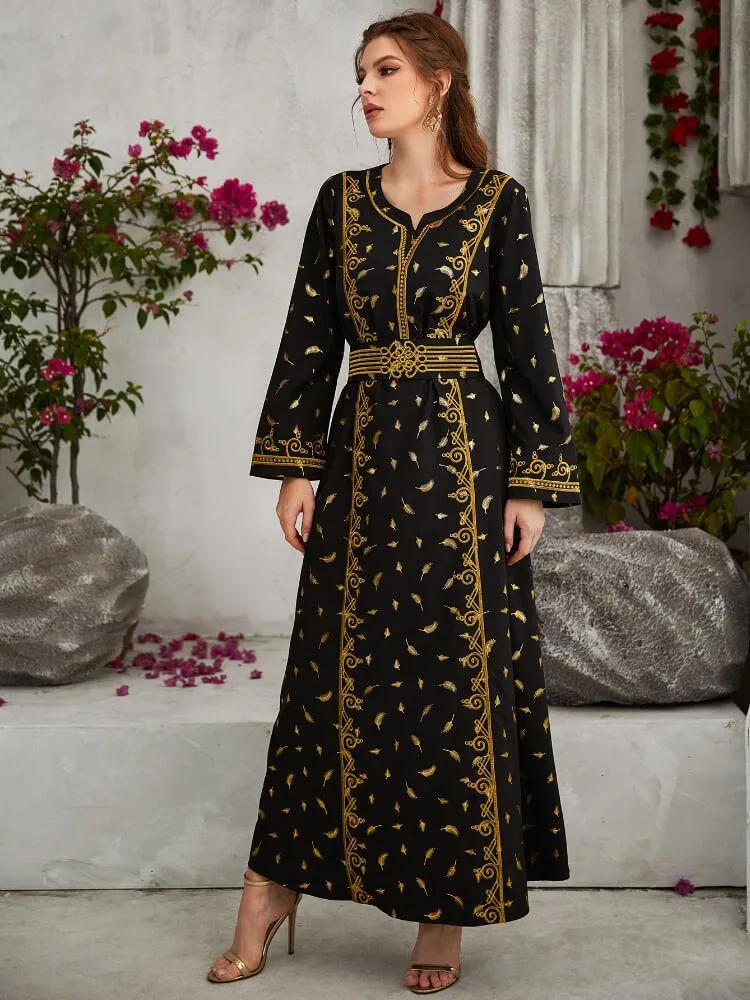 Embroidery Lace Up Gilt Printing Long Sleeved Dress