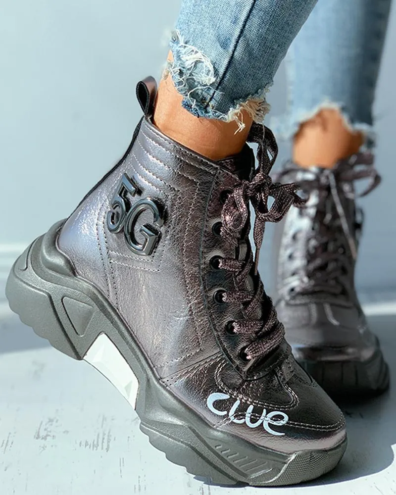 Eyelet Lace-up Letter Pattern Chunky Shoes