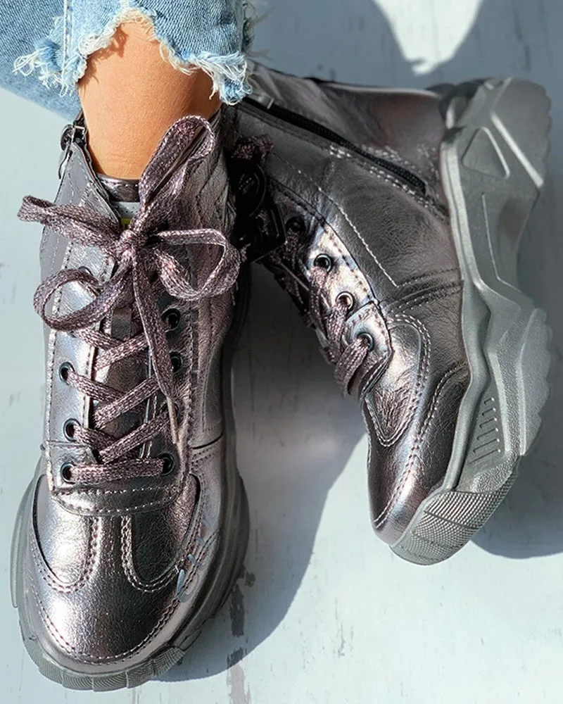 Eyelet Lace-up Letter Pattern Chunky Shoes