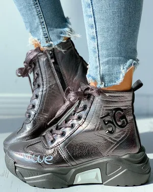 Eyelet Lace-up Letter Pattern Chunky Shoes