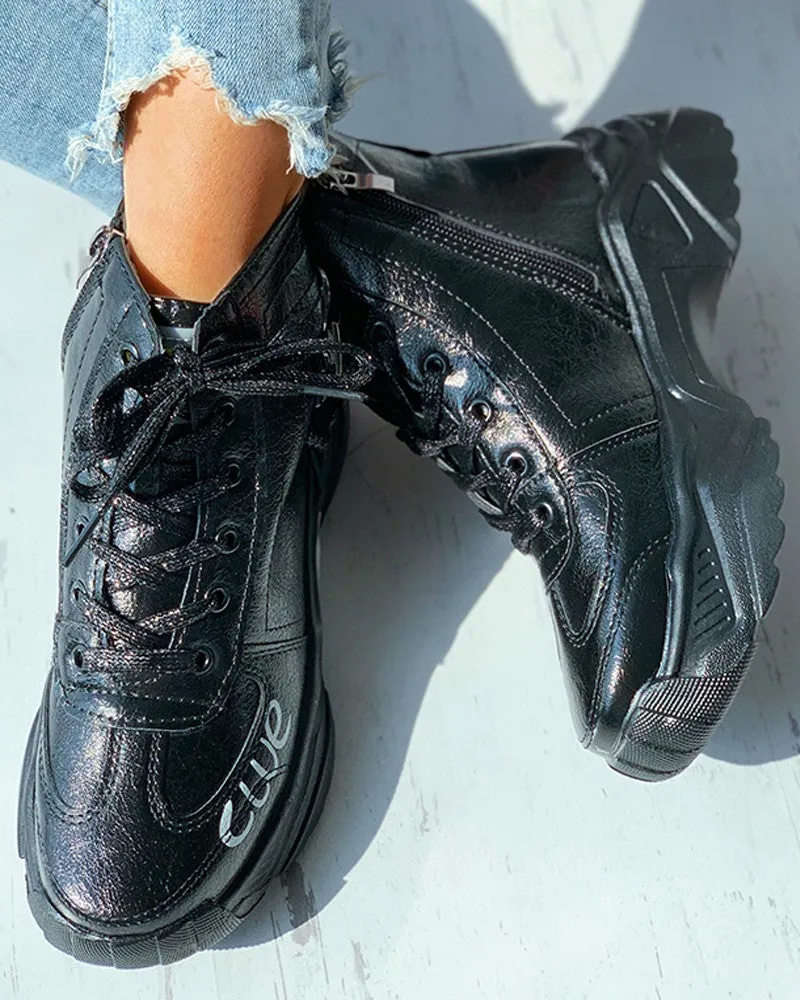 Eyelet Lace-up Letter Pattern Chunky Shoes